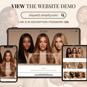 Hair extension Shopify store website demo preview on desktop, tablet and mobile showing luxury wig store responsive design