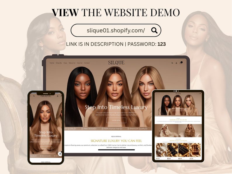 Hair extension Shopify store website demo preview on desktop, tablet and mobile showing luxury wig store responsive design