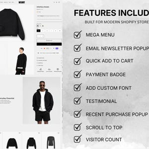 Modern Shopify theme features including mega menu, quick add to cart, testimonials, custom fonts, and popups
