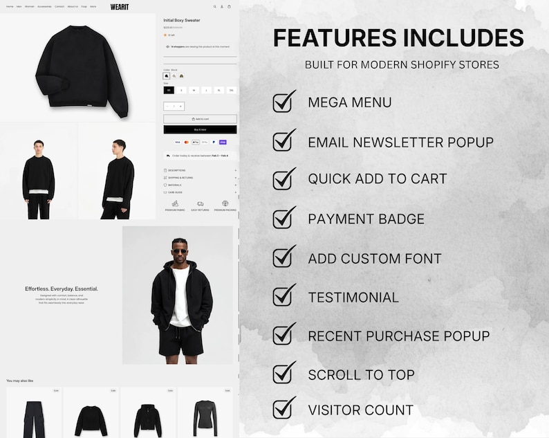Modern Shopify theme features including mega menu, quick add to cart, testimonials, custom fonts, and popups