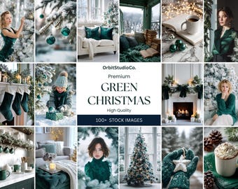 Paquete de más de 100 fotografías navideñas de stock, imágenes navideñas de stock, imágenes navideñas de invierno verde sin rostro, marketing digital, derechos MMR y PLR.