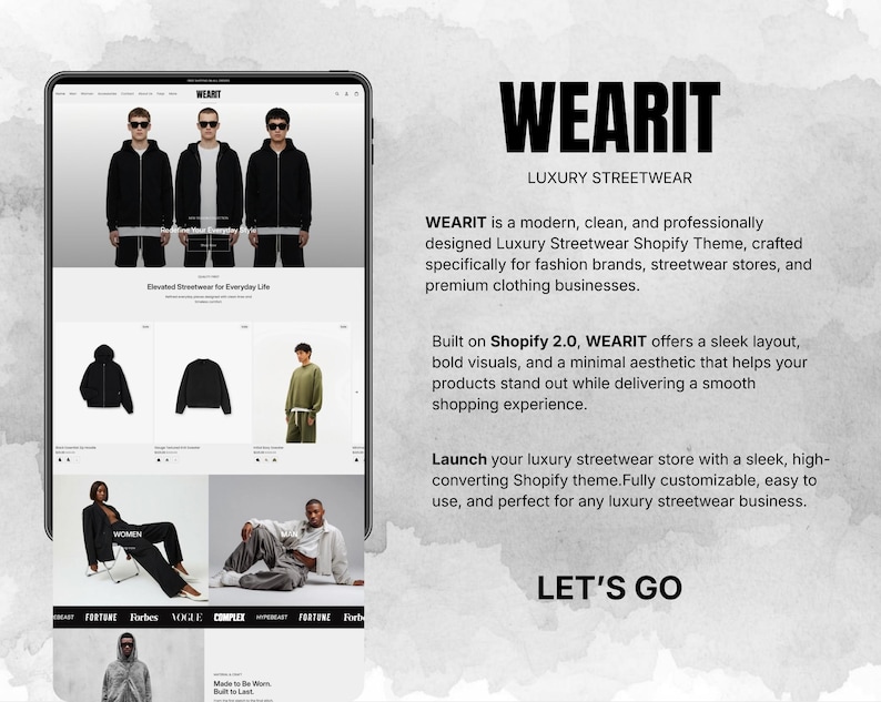 Luxury streetwear Shopify 2.0 theme overview with bold visuals, clean typography, and premium fashion branding