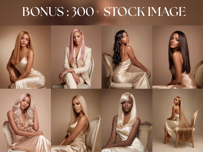 Bonus 300 plus hair model stock images preview showing luxury wig and hair extension models with different hairstyles and colors