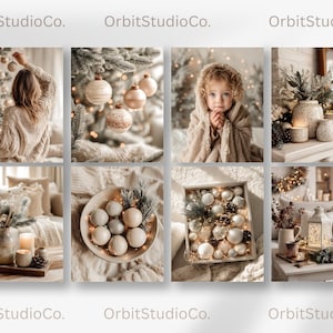 “High-quality cozy Christmas stock photos preview grid with ornaments, candles, neutral home decor, pine branches, and warm soft lighting, by OrbitStudioCo.”
