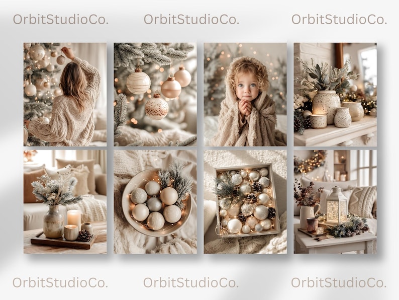 “High-quality cozy Christmas stock photos preview grid with ornaments, candles, neutral home decor, pine branches, and warm soft lighting, by OrbitStudioCo.”