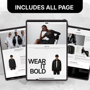 Complete luxury fashion Shopify website pages layout including home, about, blog, and storefront design