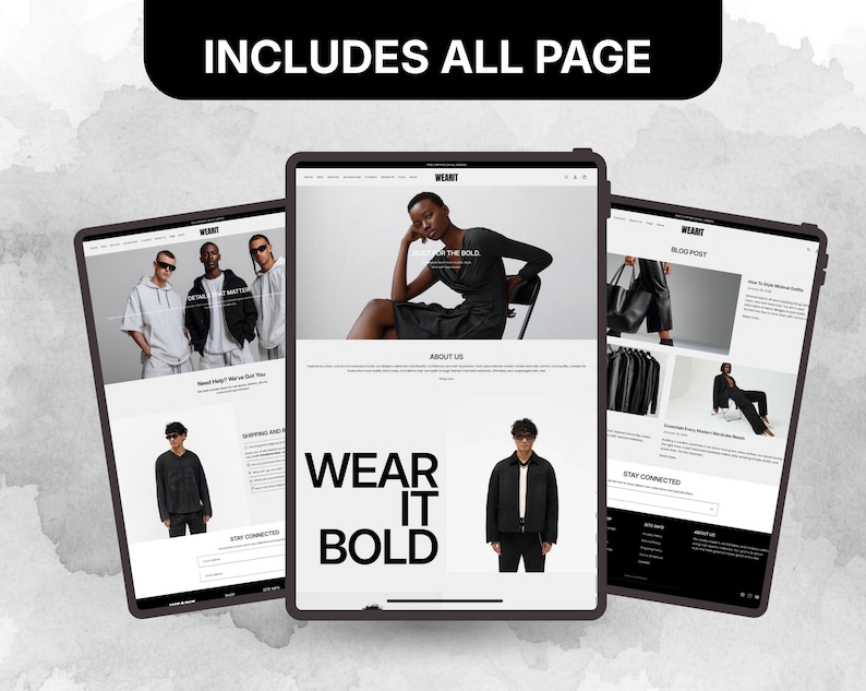 Complete luxury fashion Shopify website pages layout including home, about, blog, and storefront design