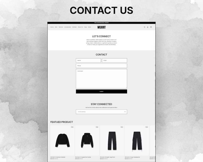 Contact us page design for Shopify fashion store with clean layout, customer inquiry form, and newsletter signup