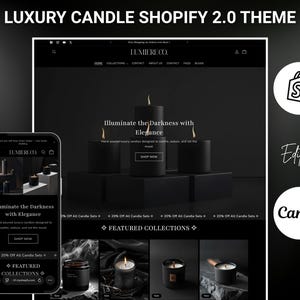 May include: A website design for a luxury candle shop, with a monochrome aesthetic. The design includes a mobile phone mockup and a desktop view, showcasing candle products and the text "Illuminate the Darkness with Elegance."