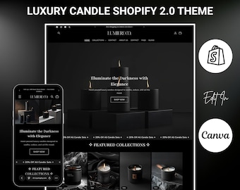 Tema Shopify para sitio web de velas negras de lujo, diseño limpio y moderno para tienda de velas en Shopify con plantilla Canva, tema Shopify 2.0, sitio web de velas