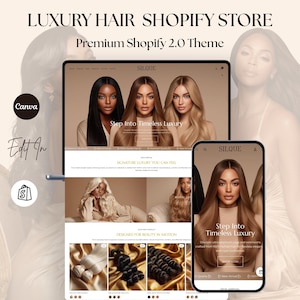 Op de afbeelding: Promotieafbeelding voor een luxe Shopify-winkel voor haar. De afbeelding toont een website op een tablet en een telefoon, met haarverlengingen. De tekst bevat "LUXURY HAIR SHOPIFY STORE" en "Step Into Timeless Luxury."