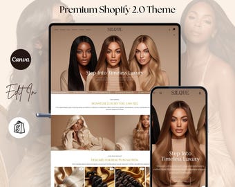 Tema de Shopify para peluquería de lujo, plantilla para tienda de pelucas y extensiones de cabello beige, tema de Shopify para negocio de peluquería online, imagen de stock de peluquería