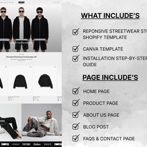 Streetwear Shopify store template includes homepage, product page, about us, blog, FAQs, and contact pages