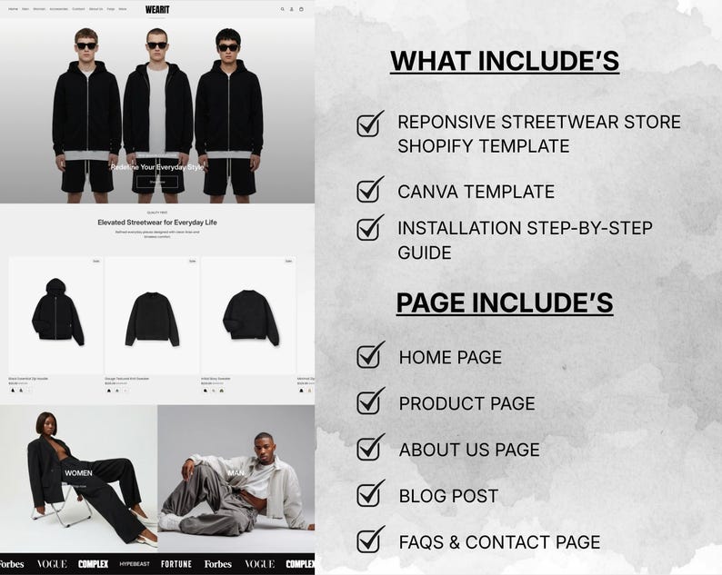 Streetwear Shopify store template includes homepage, product page, about us, blog, FAQs, and contact pages