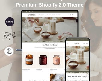 Tema para sitio web de velas y jabones en Shopify: diseño minimalista en blanco, verde y beige. Incluye banner de Canva y plantilla de diseño para Shopify.