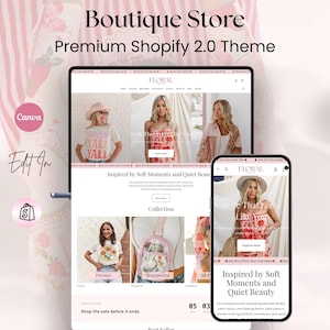 May include: A digital mockup of a Shopify store theme, showcasing a website design on a tablet and a smartphone. The theme is called "Floral" and features images of women and floral designs. Text includes "Boutique Store" and "Premium Shopify 2.0 Theme."