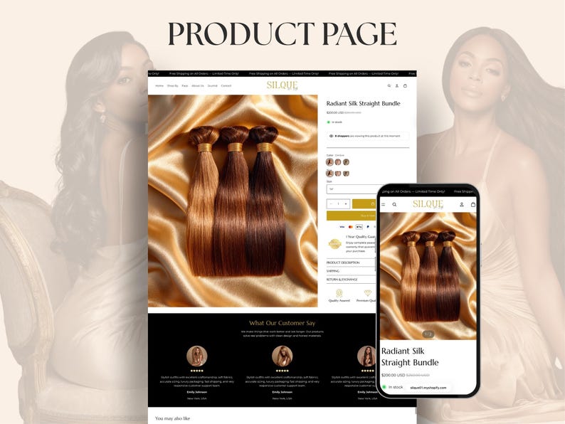 Hair extension product page Shopify template showing wig bundle product layout with images, price and add to cart button