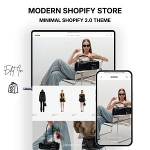 Op de afbeelding: Een digitale mockup met een modern Shopify-winkelthema op een tablet en smartphone. Het thema heeft een minimalistisch ontwerp met een zwart-wit kleurenschema. De tablet toont een model met een zwarte tas.