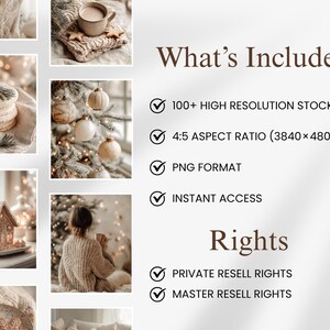 “What’s included in cozy Christmas photo bundle infographic — 100+ PNG high-resolution images, PLR and MRR rights, 4:5 aspect ratio, warm neutral festive stock photos.”