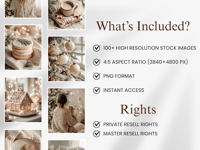 “What’s included in cozy Christmas photo bundle infographic — 100+ PNG high-resolution images, PLR and MRR rights, 4:5 aspect ratio, warm neutral festive stock photos.”
