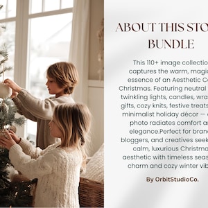 “About this stock bundle description with children decorating Christmas tree, showcasing warm beige tones and festive cozy home aesthetic.”