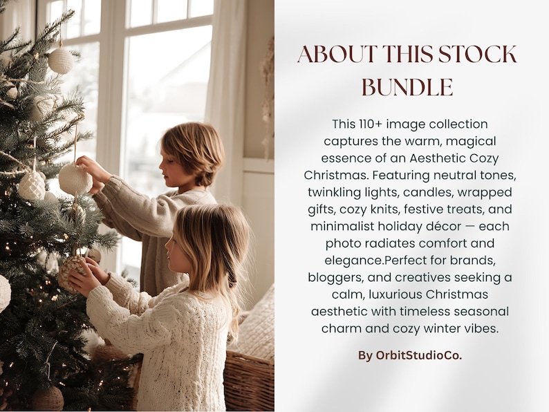 “About this stock bundle description with children decorating Christmas tree, showcasing warm beige tones and festive cozy home aesthetic.”