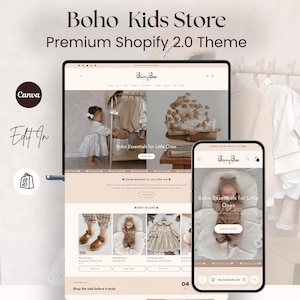 Może przedstawiać: Projekt strony internetowej dla Boho Kids Store, wyświetlany na laptopie i smartfonie. Strona internetowa prezentuje neutralną paletę kolorów, prezentując ubrania i akcesoria dla dzieci. Tekst zawiera "Boho Kids Store" i "Shop Now."