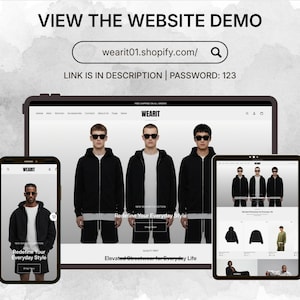 Responsive Shopify 2.0 streetwear theme shown on desktop, tablet, and mobile devices with luxury fashion layout