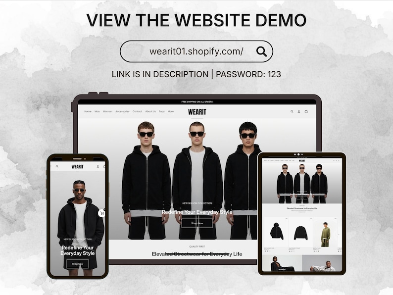 Responsive Shopify 2.0 streetwear theme shown on desktop, tablet, and mobile devices with luxury fashion layout