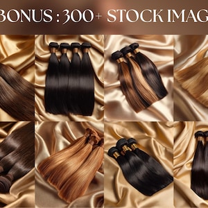 Bonus hair extension product stock images showing straight hair bundles in different colors on luxury satin background