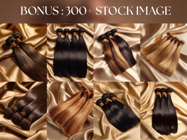 Bonus hair extension product stock images showing straight hair bundles in different colors on luxury satin background