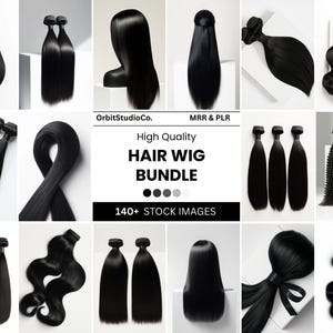 Könnte beinhalten: Eine Sammlung schwarzer Haarperücken und -bündel. Das Bild zeigt verschiedene Stile, darunter glatte, wellige und lockige Texturen. Der Text im Bild lautet "High Quality HAIR WIG BUNDLE" und "140+ STOCK IMAGES".