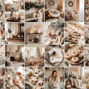 “Feminine cozy Christmas stock images with festive holiday interiors, candles, wreaths, ornaments, cookies, gifts, and twinkling lights in soft beige tones.”