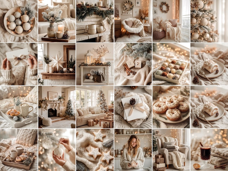 “Feminine cozy Christmas stock images with festive holiday interiors, candles, wreaths, ornaments, cookies, gifts, and twinkling lights in soft beige tones.”