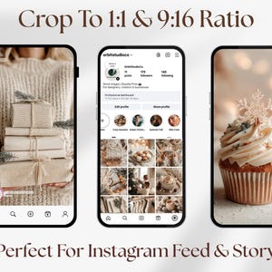 “Cozy Christmas photo pack preview on mobile screens, perfect for Instagram feed and story posts, warm beige winter aesthetic with gifts and cupcakes.”