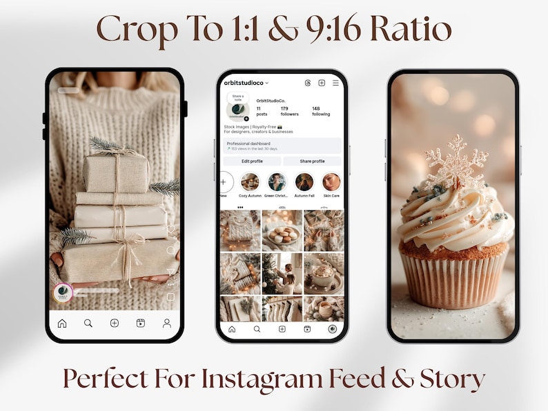 “Cozy Christmas photo pack preview on mobile screens, perfect for Instagram feed and story posts, warm beige winter aesthetic with gifts and cupcakes.”
