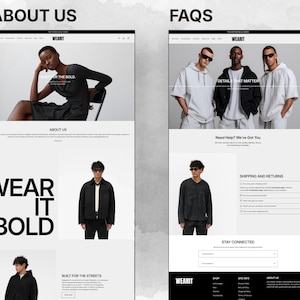 Minimal about us and FAQ pages design for Shopify fashion store with clean layout and professional branding
