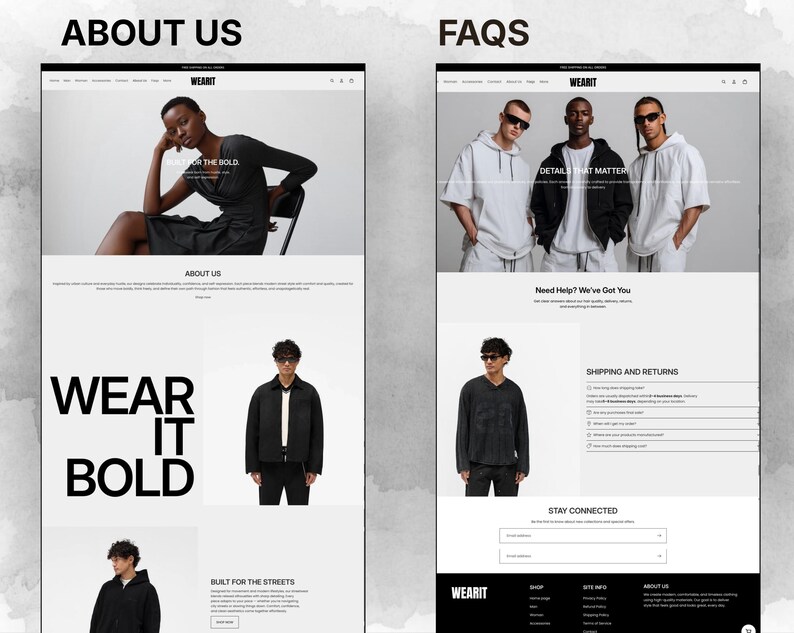 Minimal about us and FAQ pages design for Shopify fashion store with clean layout and professional branding