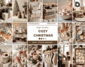 Más de 100 acogedoras fotos navideñas de stock, fotos navideñas, paquete de IA con estética invernal femenina, fotos festivas de stock, MRR y PLR