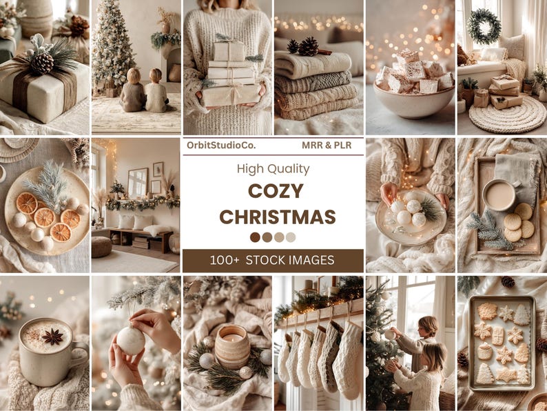 “Warm neutral cozy Christmas stock photo collage featuring gifts, tree, coffee mug, cookies, and beige aesthetic winter decor, OrbitStudioCo MRR PLR holiday photo bundle.”