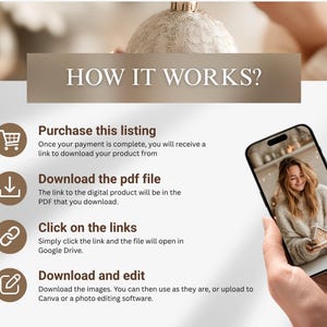 “How it works guide for cozy Christmas stock photo bundle, showing woman holding ornament and instructions for download, editing, and instant access.”