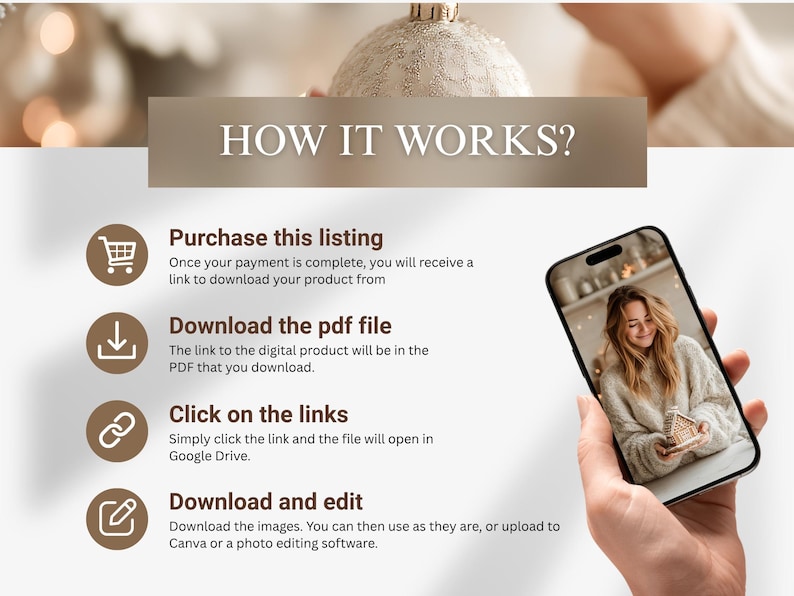“How it works guide for cozy Christmas stock photo bundle, showing woman holding ornament and instructions for download, editing, and instant access.”