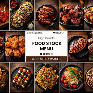 May include: A selection of diverse food dishes, such as tacos, chicken wings, ribs, and grilled chicken. The image showcases a range of colours and textures, with an emphasis on the food's presentation. The text "FOOD STOCK MENU" is also present.