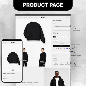 High converting Shopify product page design with size selector, payment badges, visitor count, and clean layout