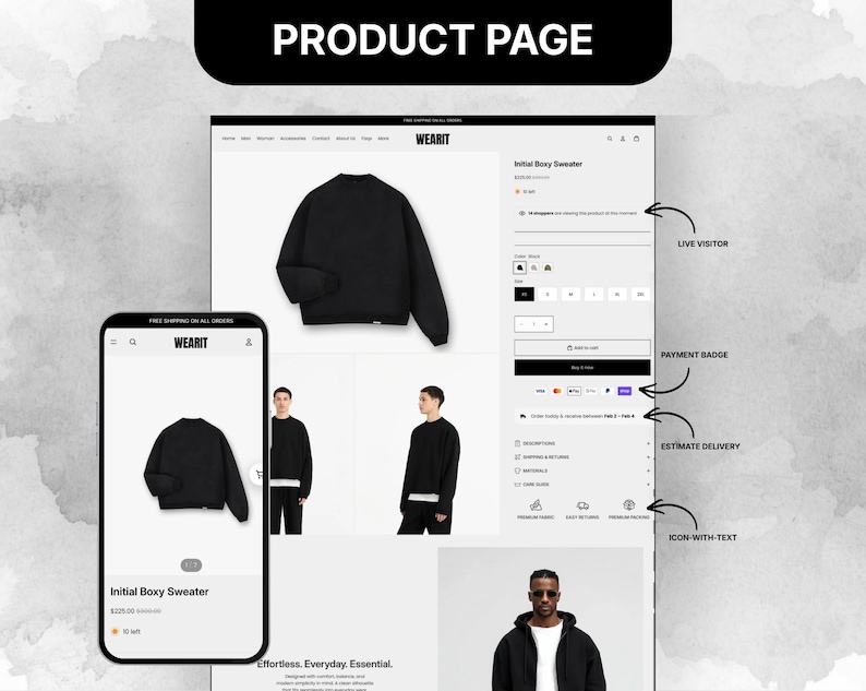High converting Shopify product page design with size selector, payment badges, visitor count, and clean layout