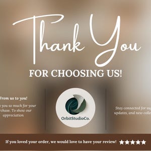 “Thank you page graphic for cozy Christmas photo bundle, featuring OrbitStudioCo logo and appreciation message for customers with elegant festive background.”