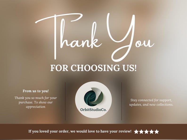 “Thank you page graphic for cozy Christmas photo bundle, featuring OrbitStudioCo logo and appreciation message for customers with elegant festive background.”