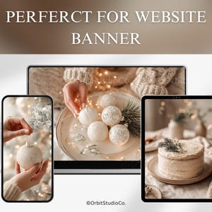 “Christmas stock photo bundle showing cozy holiday images on phone, tablet, and laptop screens, ideal for website banners, social media marketing visuals.”