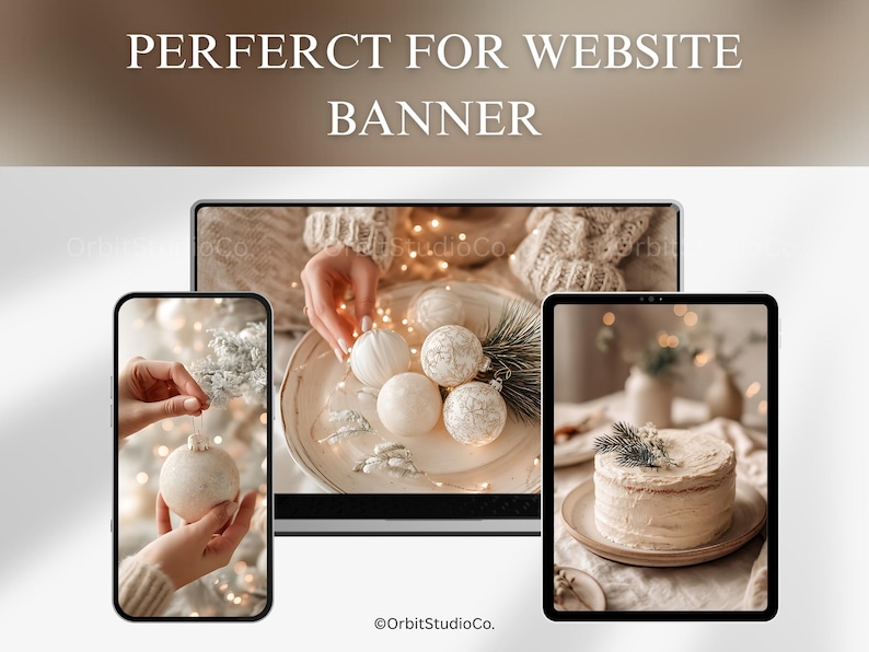 “Christmas stock photo bundle showing cozy holiday images on phone, tablet, and laptop screens, ideal for website banners, social media marketing visuals.”