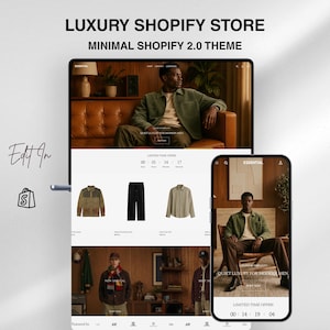 May include: A digital display of a website layout titled LUXURY SHOPIFY STORE MINIMAL SHOPIFY 2.0 THEME, showing a desktop and mobile view of an online clothing store. The interface features product images, a countdown timer, and navigation menus.